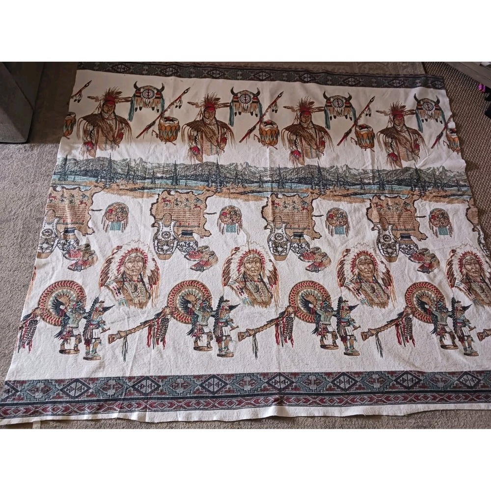 Vintage Native American Indian Camp Large Blanket Tomahawk 87X100" MADE IN USA
